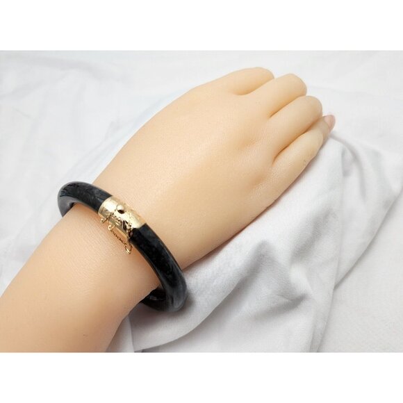 14K Solid Yellow Gold Textured Black & Grey Jade Jadeite Bangle Bracelet 7" L - Picture 2 of 13
